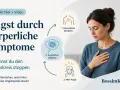Frau mit Hand auf der Brust, die einen Teufelskreis aus körperlichen Symptomen, ängstlichen Gedanken und mehr Angst zeigt. Eine Gedankenstopp-Technik kann helfen.