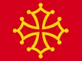 Bandera roja con una cruz amarilla de Occitania, símbolo de la lengua de oil hablada en regiones de Francia.