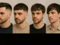 Czterech mężczyzn prezentuje różne wzorki na włosach: od krótkiego buzz cut po dłuższe, stylizowane fryzury.