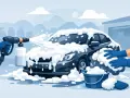 Bil tvättas med rikligt med snöskum. En hand med blå handske sprutar skum från en högtryckstvätt. En annan hand med handske tvättar bilen med en svamp.