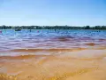 Słoneczny dzień nad zalewem. Ludzie kąpią się, pływają łódką, a czerwone i żółte boje wyznaczają bezpieczną strefę.
