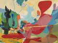 Pintura abstracta con formas orgánicas y líneas azules, que explora qué es el arte abstracto a través de colores vibrantes y composiciones dinámicas.