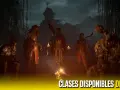 Cinco guerreros se reúnen alrededor de una fogata en un entorno oscuro, listos para la aventura. Una guía para las clases disponibles en Diablo IV.