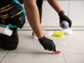 Persona con guantes negros usa un cepillo para limpiar juntas del suelo, aplicando producto de limpieza.