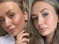 Kobieta z błyszczącymi ustami i rozświetloną cerą, inspirowana stylem Hailey Bieber.