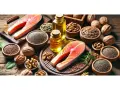 Salmone, noci, semi di lino e olio dorato, ricchi di omega 6, su un tavolo di legno rustico.