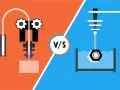 Illustration comparing FDM vs SLA 3D printing. FDM extrudes filament layer by layer, while SLA cures resin with a light source.
