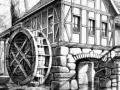 Stary młyn wodny z kołem i kamiennym łukiem, idealny do nauki kurs rysunku architektonicznego.