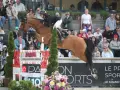 Une cavalière en plein saut, peut-être le meilleur cavalier du monde, sur son cheval brun, devant un public attentif.