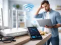 Router, smartphone con app di velocità Wi-Fi e uomo preoccupato. Soluzioni per come amplificare segnale Wi-Fi fai da te.