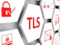 Hexagonal tiles display security icons and the text "TLS". This visual represents a TLS update, ensuring secure connections.