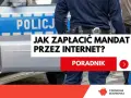Policjant obok radiowozu. Poradnik: jak zapłacić mandat przez internet. Czerwona skarbonka.