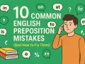 Chłopak zastanawia się nad 10 częstymi błędami w angielskich przyimkach, jak "in", "on", "at", "to", "for", "of".
