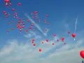 Många röda heliumballonger stiger mot en klarblå himmel med tunna moln.