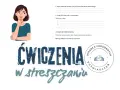 Ilustracja z dziewczynką zastanawiającą się nad tym, jak napisać streszczenie. Ćwiczenia ze streszczania.