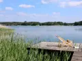 Spokojne kaszubskie jeziora, drewniany pomost z leżakiem i książką, otoczone trzcinami i lasem.