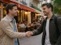 Dos hombres sonríen mientras se dan la mano frente a un café parisino. Uno le dice al otro "merci" para agradecerle en francés.
