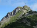 Szczyt Giewontu z krzyżem, zielone zbocza, kamienie i ścieżka. Wjazd na Giewont jest darmowy, ale wymaga wysiłku.