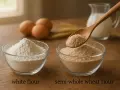 Deux bols de farine, l'un blanc, l'autre semi-complet, avec des œufs et du lait en arrière-plan. Une cuillère montre la farine semi-complète, une option pour remplacer la farine blanche.