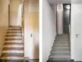 Przed i po metamorfozie: stara, zniszczona klatka schodowa zamieniona w nowoczesną, elegancką przestrzeń z szarymi stopniami i kamiennymi płytkami.