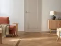 Nowoczesne wykończenie drzwi wewnętrznych w stonowanym kolorze, idealnie komponuje się z drewnianą podłogą i meblami.