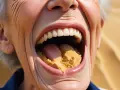 Bocca aperta con polvere gialla, un rimedio della nonna per la bocca secca.