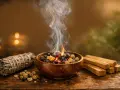 Humo ascendente de resinas en un cuenco de madera, junto a un atado de salvia y palos de palo santo. Aprende como leer el humo del palo santo.