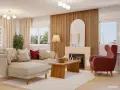 Sofá modular beige, sillón rosa, mesa de centro de madera y chimenea con espejo arqueado. Un espacio con un diseño aesthetic acogedor.