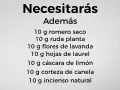 Lista de ingredientes para como hacer un sahumerio: romero, ruda, lavanda, laurel, limón, canela e incienso.