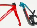 Red Pinarello carbon frame vs. teal Trek mountain bike frame.