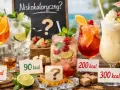 Kolorowe drinki z owocami i miętą, z etykietami kaloryczności. Czy to niskokaloryczny pornstar martini?