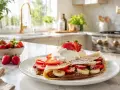 Crepe doblada con fresas, plátano y nata, perfecta para una receta crepes para 2. Espolvoreada con azúcar glas.