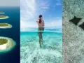 Wyspy na oceanie, kobieta w wodzie, płaszczki. Czy to Mauritius czy Malediwy? Rajskie widoki.