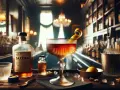 Klasyczny Sazerac w eleganckim kieliszku, obok butelka z etykietą Sazerac, lód i cytryna.