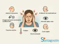 Illustrazione di sintomi associati a mal di testa e occhi: dolore improvviso, peggioramento con antidolorifici, problemi di masticazione, disturbi della vista, trauma cranico, febbre, collo rigido, occhi arrossati.