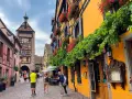 Cobblestone street in a picturesque Alsace town, with colorful half-timbered buildings adorned with flowers. A clock tower stands tall in the background.
