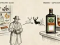 Ilustracja przedstawia ewolucję Jägermeistera: od aptekarza z ziołami do butelki i drinka z colą.