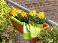 Balkonpflanzen sonne: Gelbe Blumen in einem orangen Kasten, bereit für die Pflege. Grüne Handschuhe und eine kleine Schaufel liegen daneben.