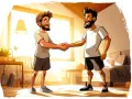 Zwei Männer mit Bärten schütteln sich die Hände. Ein Mann trägt ein hellgraues T-Shirt und dunkle Shorts, der andere ein weißes T-Shirt und dunkle Shorts. Sie stehen in einem hellen Raum mit einem Fenster und einem Sofa. Phlm 1:3.