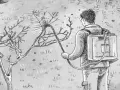 Uomo con zaino irroratore tratta un albero da frutto spruzzando. Illustrazione che ricorda una tabella trattamenti alberi da frutto.