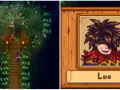 Encuentra a Leo en Stardew Valley, rodeado de loros en un árbol frondoso. A su lado, su retrato pixelado con una sonrisa traviesa.