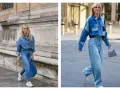 Deux femmes adoptent un look total denim, rappelant le style années 80. L'une porte une chemise oversize et un jean, l'autre une veste courte patchwork et un jean large.