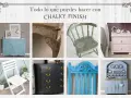 Muebles renovados con chalk paint: cómoda azul, silla decorada, mesita de noche rosa, cómoda negra, cabecero azul y aparador.