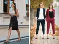 Kobiety w stylizacjach smart casual: jedna w czarnej spódnicy i topie, dwie kolejne w eleganckich garniturach.