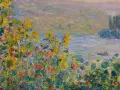 Un jardin fleuri débordant de couleurs vives, avec des touches de jaune, rouge et bleu. Au loin, un lac paisible et une petite barque. Une belle illustration de comment utiliser la peinture à l'huile.
