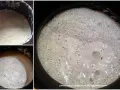 Aktywny zakwas orkiszowy w garnku, pełen pęcherzyków powietrza, gotowy do pieczenia chleba.