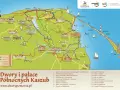 Mapa turystyczna prezentująca dwory i pałace na Kaszubach, z zaznaczonymi szlakami rowerowymi i pieszymi.