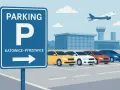 Znak "Parking Katowice-Pyrzowice" obok rzędu samochodów i samolotu startującego z lotniska.