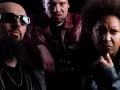 Trois hommes au look sombre, dont un avec des lunettes de soleil et une barbe, un autre avec des yeux jaunes et une veste rouge, et le troisième avec une afro. Un trio dope dod.