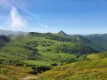 Vastes collines verdoyantes parsemées de fleurs jaunes, dominant la vallée de la Jordanne sous un ciel bleu.